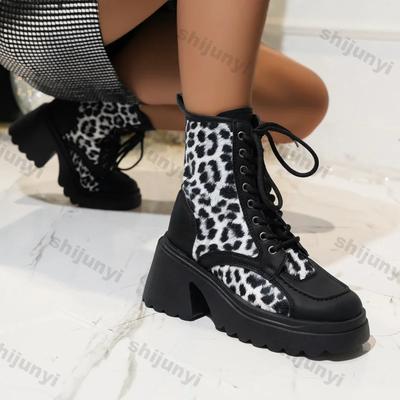 Damenmode Leopardenmuster Stiefeletten Herbst Winter Dicke Sohle Schnürschuhe Frau Rutschfeste Plateau Kampfstiefel Übergröße 42