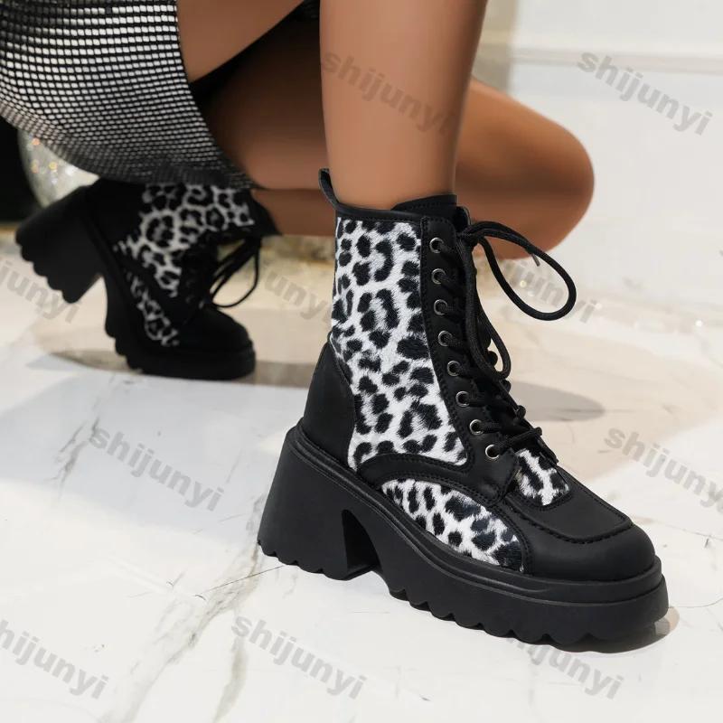 Fashion Women Fashion Leopard Print Ankle Boots Autumn Winter Thick Sole Lace Up Shoes Woman Non Slip Platform Combat Boots Plus Size 42