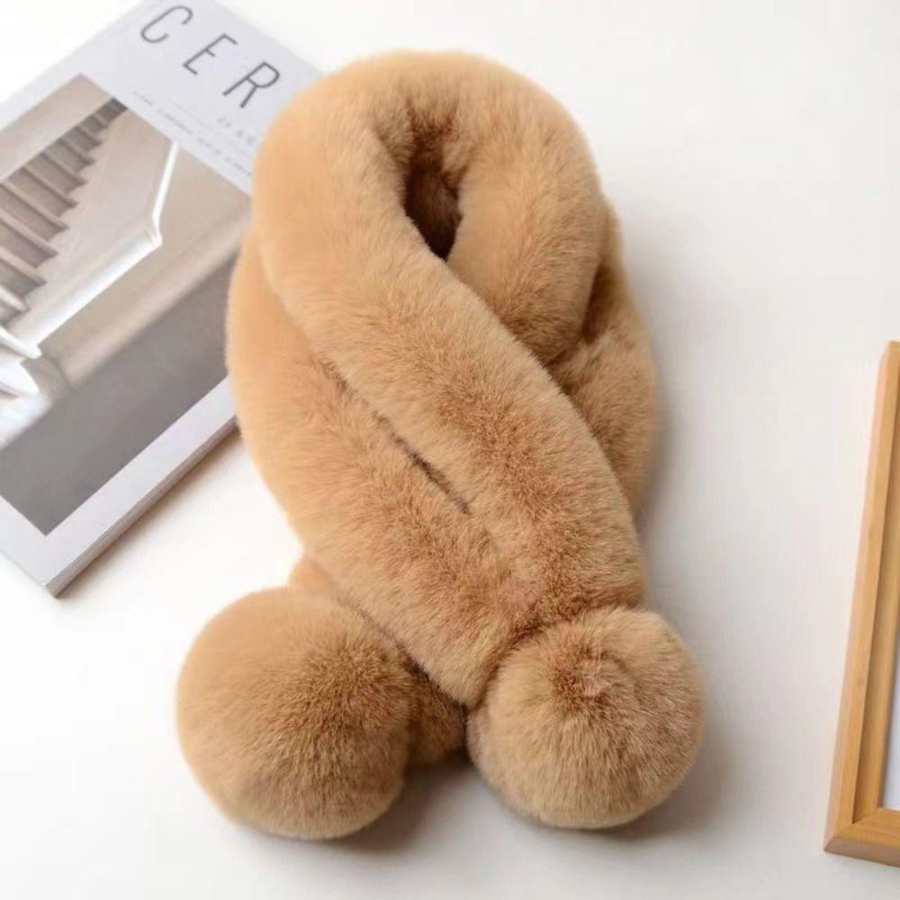 Fluffy Pompoms Warm Cross Scarf Plush Neck Warmer Fashion Neckerchief Wrap For Women Girls