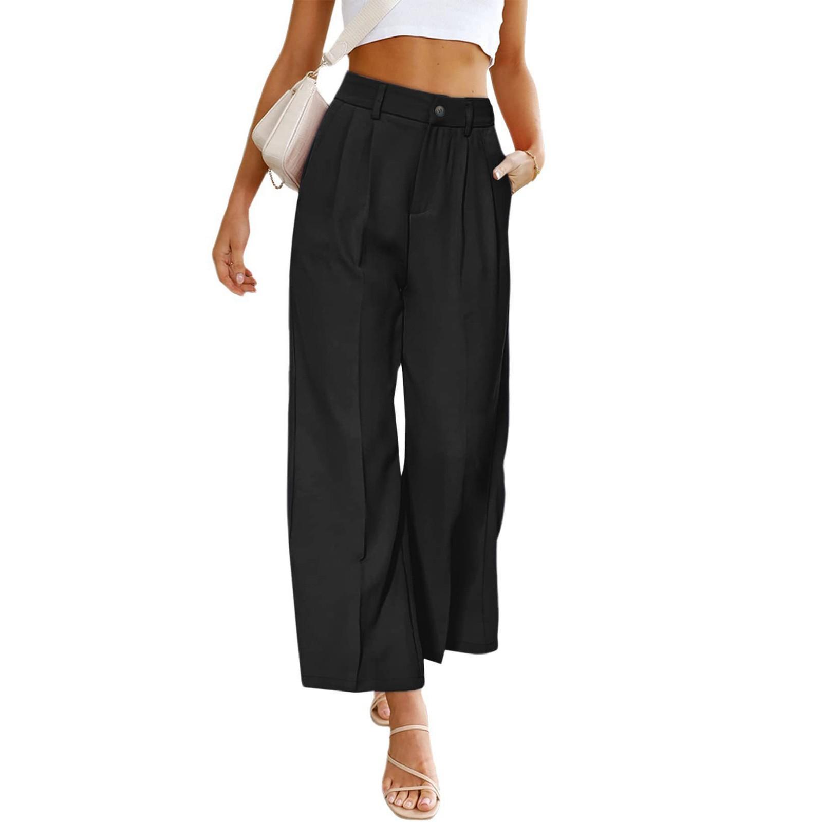 

Women s Color Casual Wide Leg High Waist Button And Zipper Elastic Waist Pants With Pockets S чорний