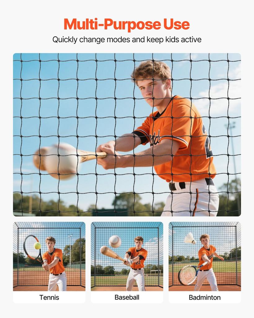 Baseball Batting Cage, 10668 x 3200 x 3100mm Freestanding Portable Batting Cage, Hitting Cages with 45-Ply Knotted HDPE & Long Positioning Ropes,