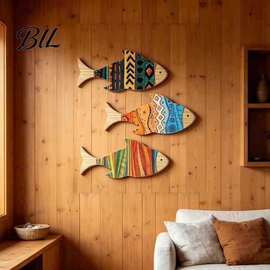 Children Room Wall Art 3 Pcs Wood Fish Nautical Decor Beach Coastal Hanging Bohemian Ornament Rustic Ocean Sculpture for Living Bedroom Dazzling