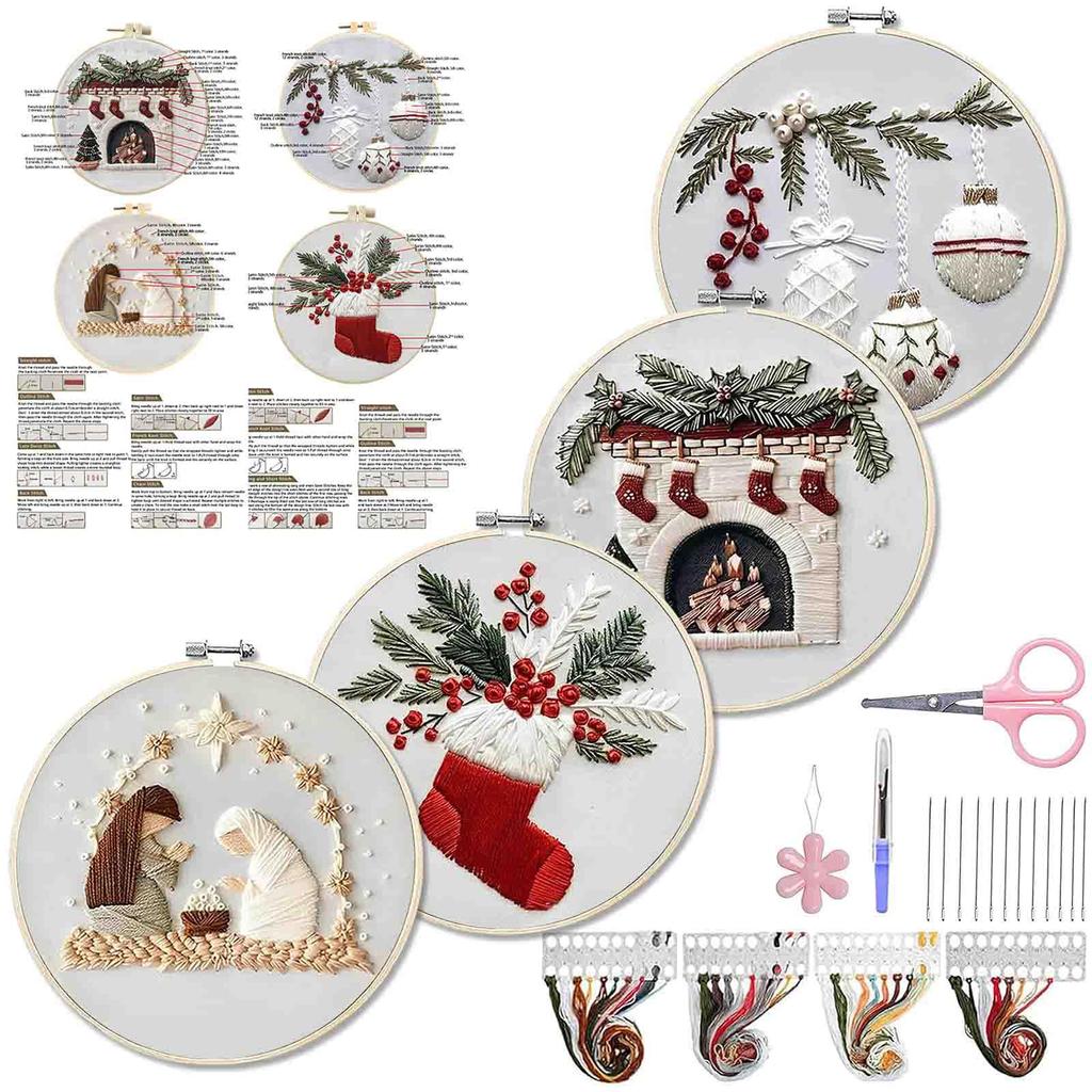 4 Sets Christmas Embroidery Kits with Pattern Needles Threads Tools Handmade Sewing Xmas Crafts Set for Adults Beginner