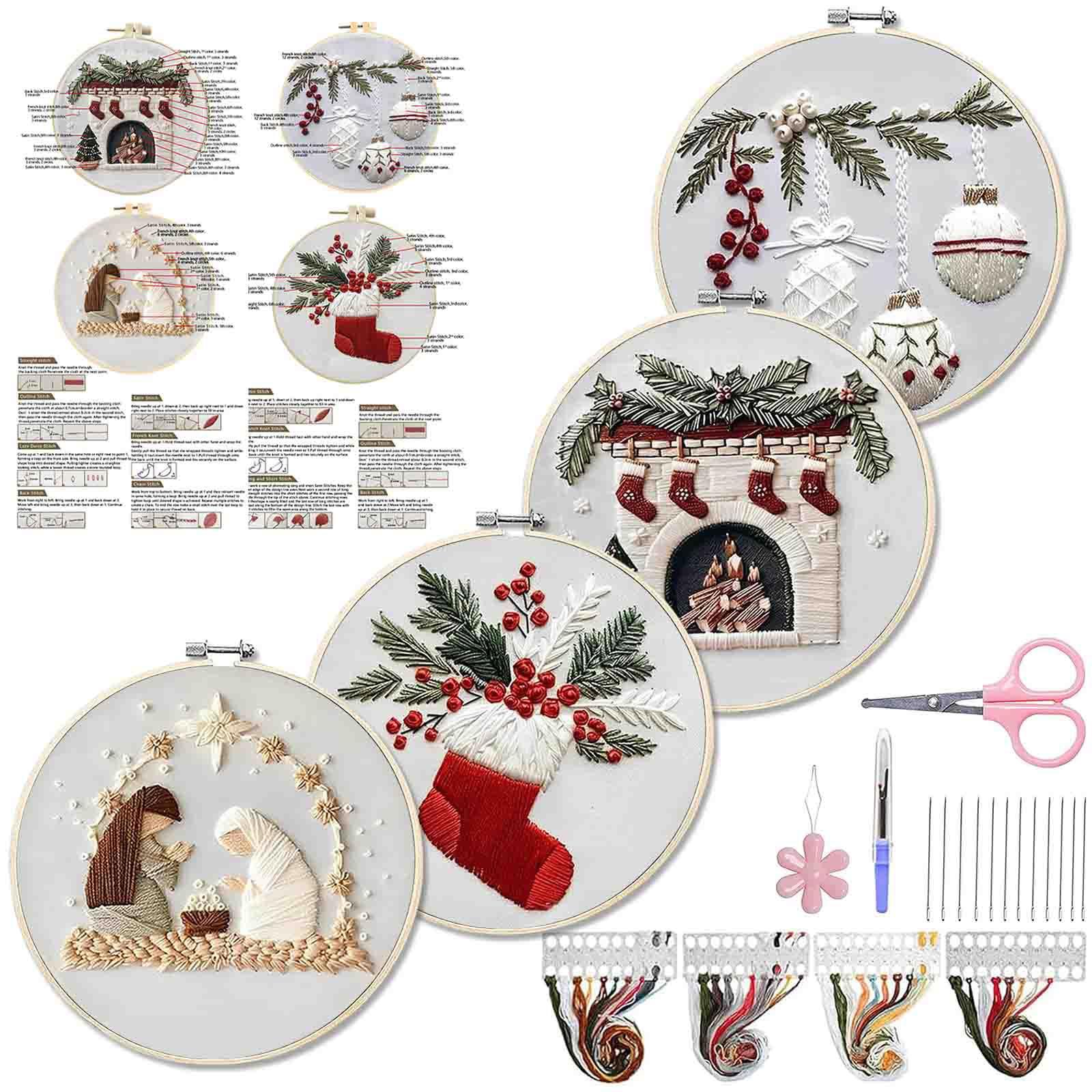 

4 Sets Christmas Embroidery Kits with Pattern Needles Threads Tools Handmade Sewing Xmas Crafts Set for Adults Beginner синій