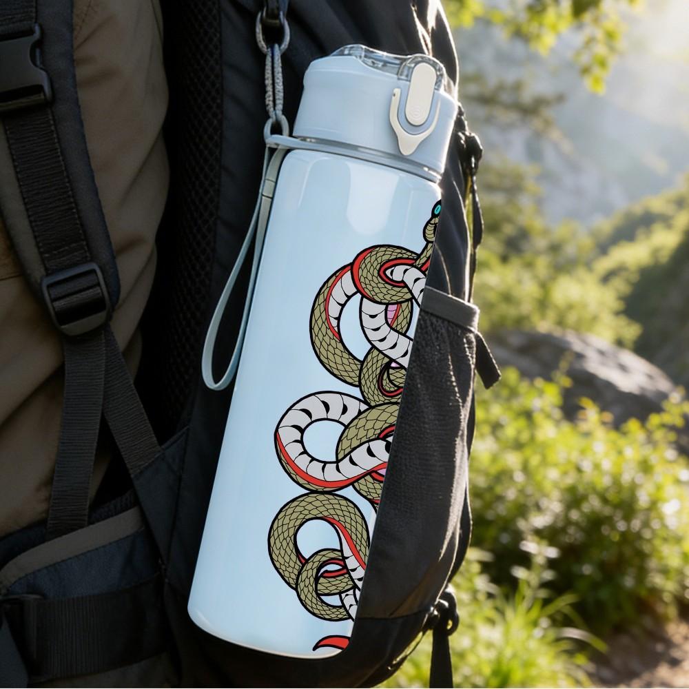 1PC Coiled Snake Reptile Pattern 750ml Color Plastic Sports Water Bottle Leakproof Flip Straw Lid Suitable for Sports Office Home Use
