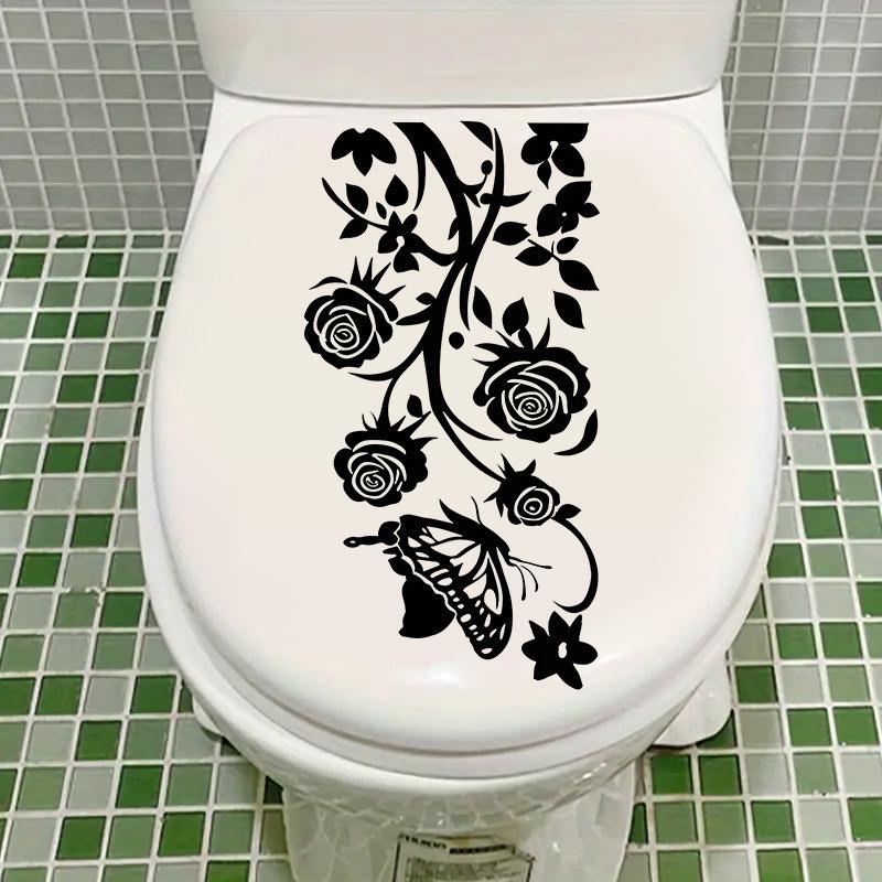 Vintage Black Floral Vine Butterfly Toilet Wall Sticker Self-Adhesive Waterproof Removable Bathroom Elegant Home Decor Art