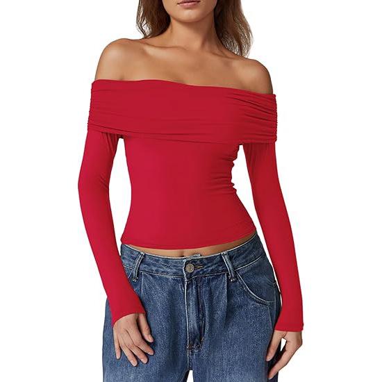 European and American Women's One-Shoulder Long-Sleeve Milk Silk T-Shirt - Elegant and Stylish Design