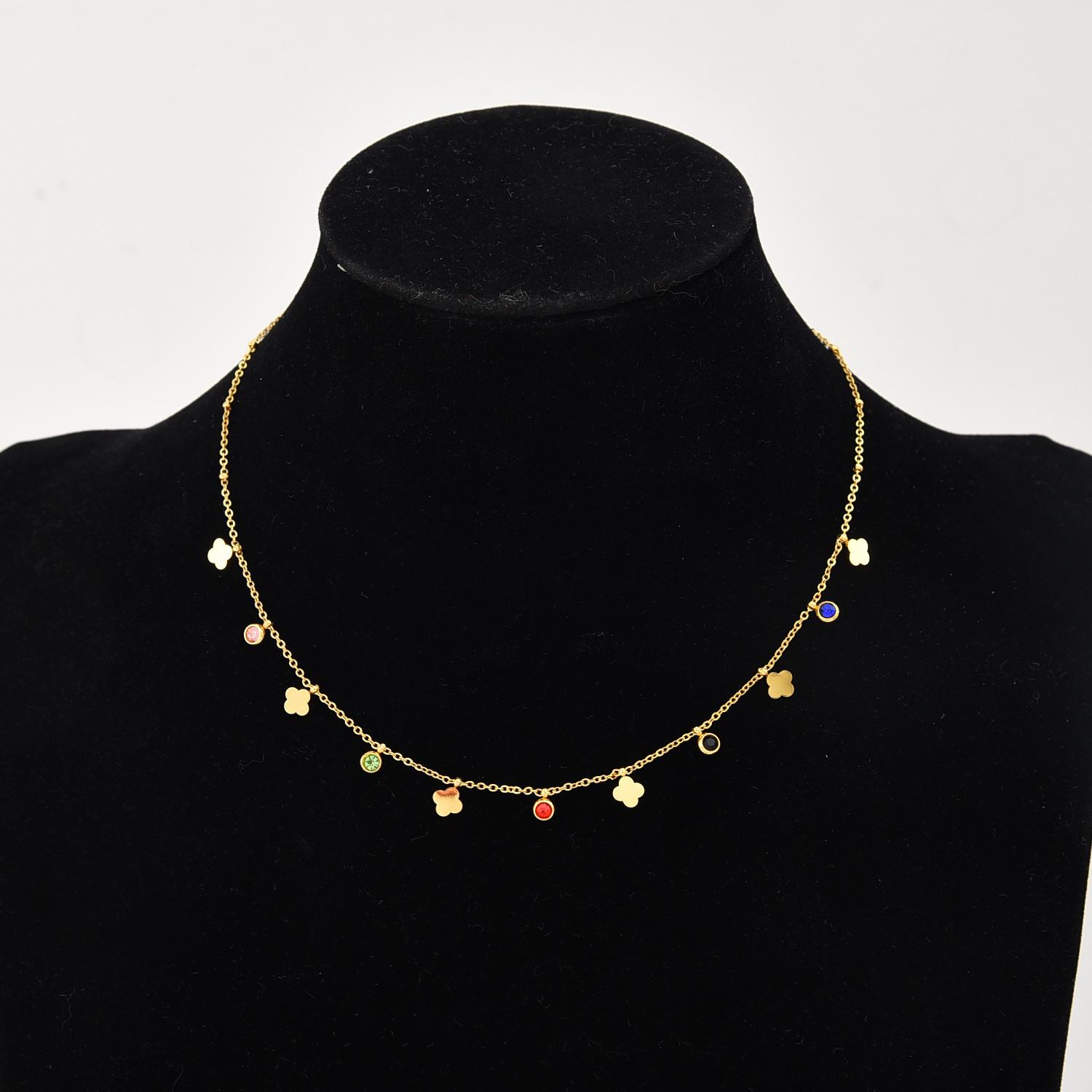 

1PC Stainless Steel Fashion Jewelry Zircon Leaf Butterfly Eye Fuor Leaf Charm Chain Choker Necklaces For Women