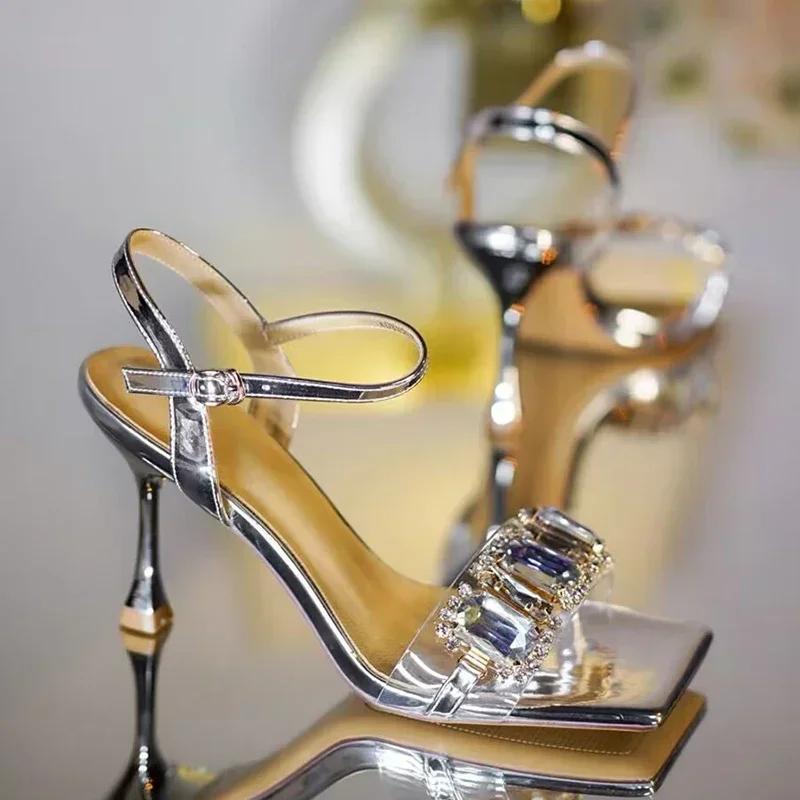 Fashion Gold Silver High Heels Sandals Women 2025 Summer Square Toe Shiny Crystal Sandals Woman Ankle Straps Thin Heel Party Pumps Shoes