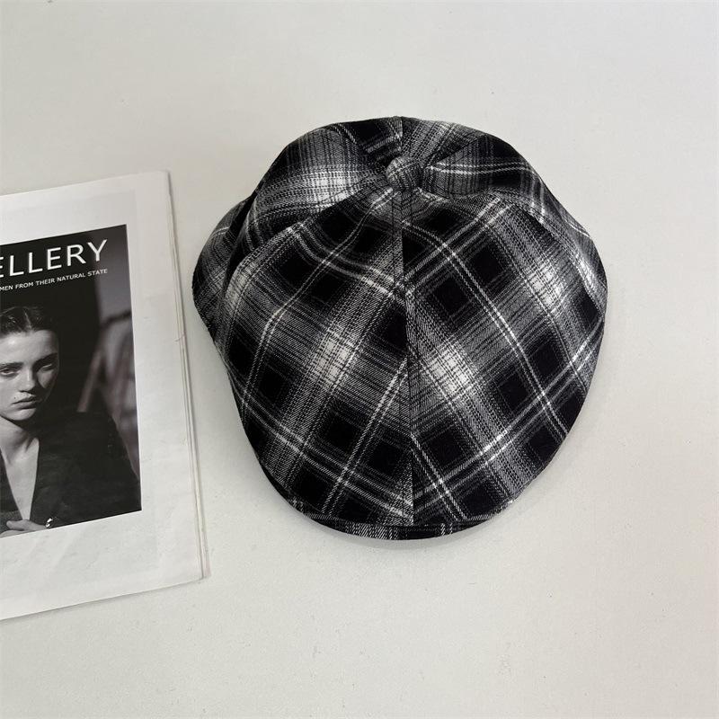 

Винтажная клетчатая осенне-зимняя кепка, уличный женский берет, теплая британская кепка-федора M（56-58cm） чёрный