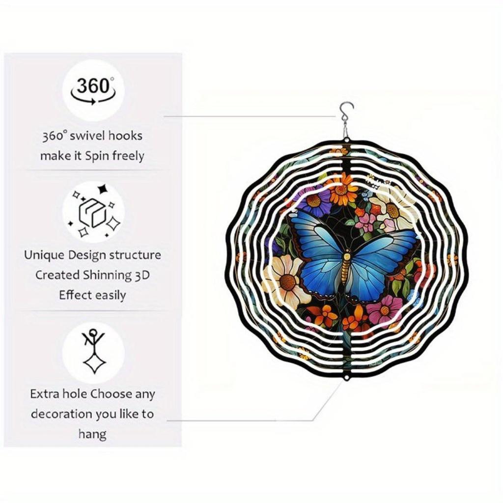 1pc Blue Butterfly & Floral Mandala Wind Chime - 2D Printed, No-Battery Metal Art for Outdoor, Garden, Balcony Decor - Elegant Hanging Ornament