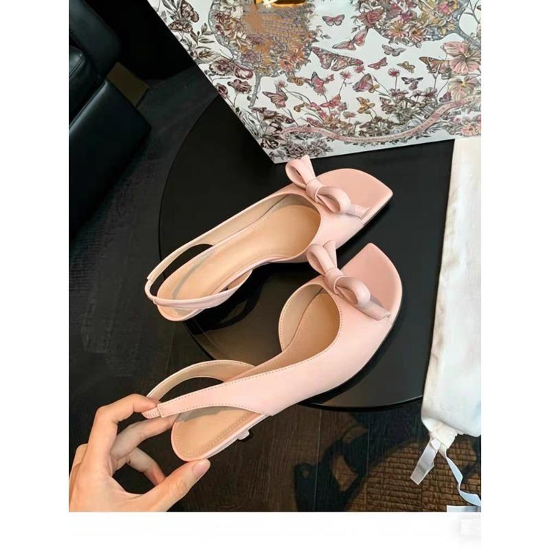 Heel high French square head bow empty open-toed sandals women's outer wear summer beautiful high heels