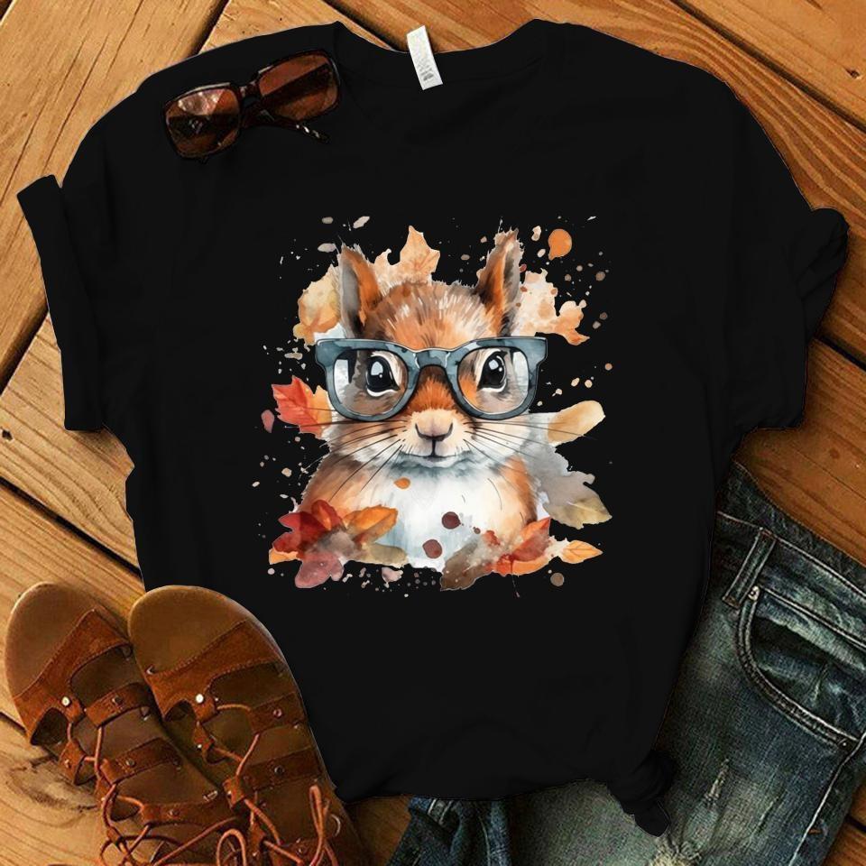 Cute Squirrel Pattern Printed T-Shirt Personalized Creative Casual Round Neck Shirt Funny Squirrel T-Shirt Top