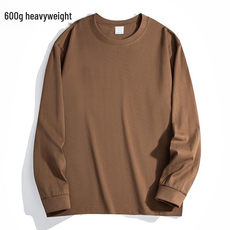 600G Heavyweight Men's Loose Fit Pure Cotton Long Sleeve T-Shirt - Small Neckline, High Gram Weight, Autumn/Winter.