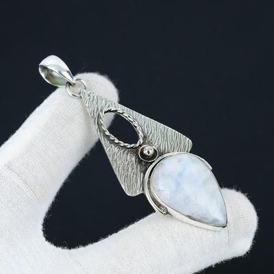 Rainbow Moonstone Pendant, Natural White Rainbow Jewelry, 925 Sterling Silver Jewelry, Handmade Bohemian Pendant, Unisex Pendant For Gifts