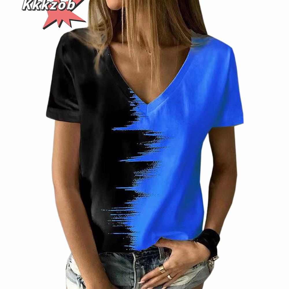 Women's T-Shirt Solid Color Gradient 3D Printing V-Neck Women's Tops Summer Women's Casual Fashion Loose Hundred Short-Sleeved