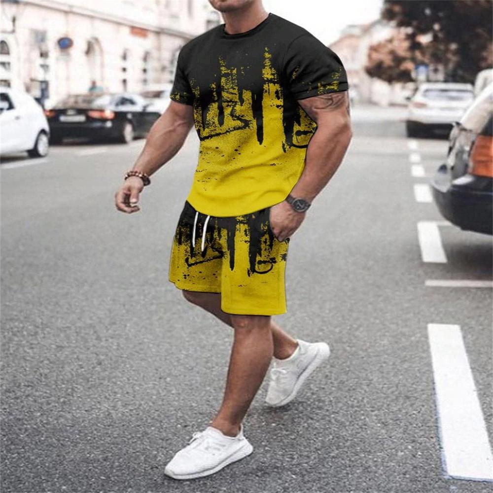 Summer Trend Fashion Men's Gradient Short-Sleeved Shorts Set 3D Print Retro Sports T-Shirt Two-Piece Men Streetwear Sportswear