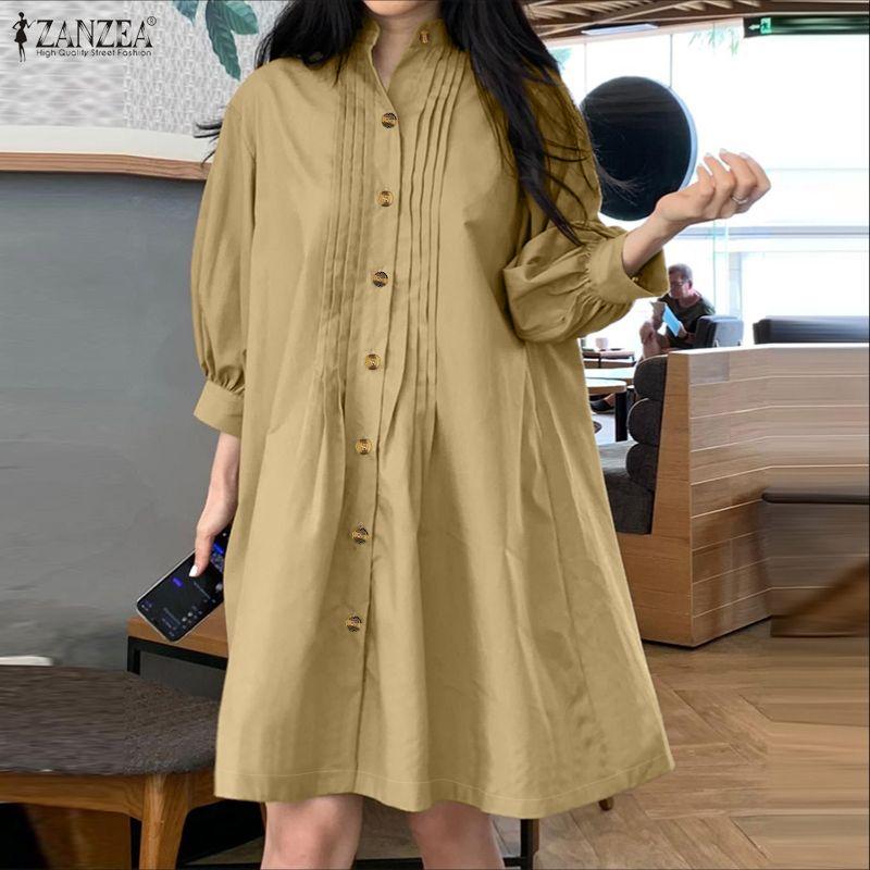 ZANZEA Women Casual Round Neck Solid Color Loose 3/4 Sleeve Shirt Dress