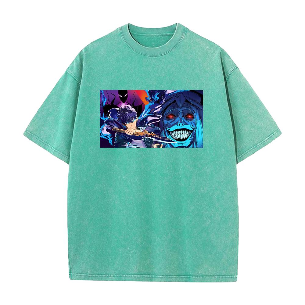 Hot Anime Solo Leveling Sung Jin-Woo Print Washed T-shirt Men Manga Cotton Tshirts Casual Loose Tee Harajuku Male Street T Shirt