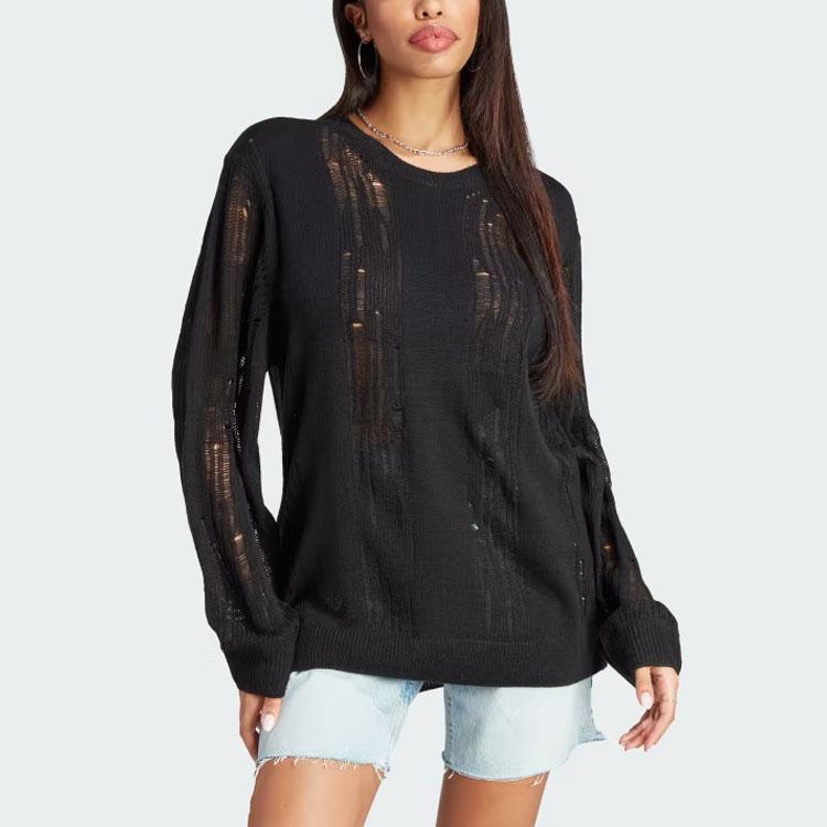 Adidas Blue Version Knit Sweater Solid Color Round Neck Loose Long Sleeve Sweater Women Sweater Black IL8532