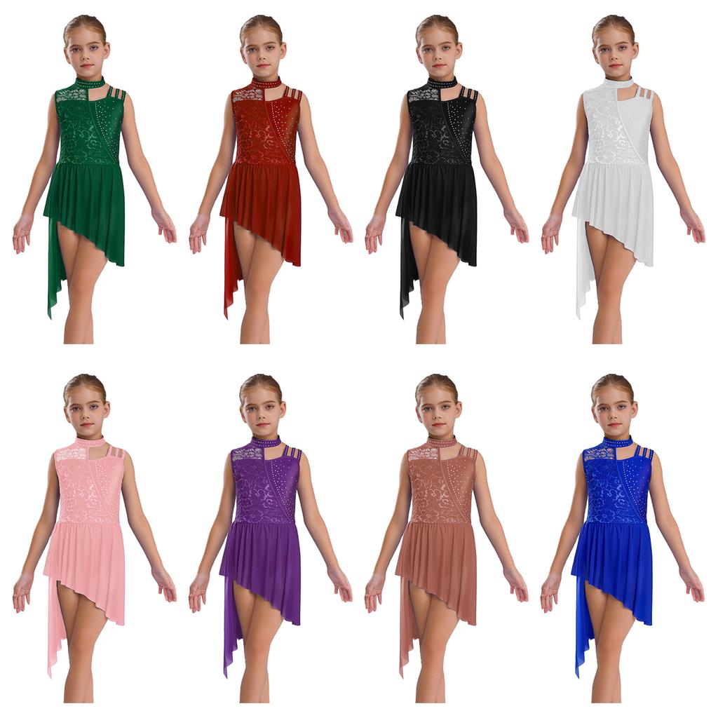 Girls Sleeveless Mock Neck Leotard Dress – Asymmetrical Shoulder Floral Lace with Rhinestones, Irregular Hem for Lyric Dance