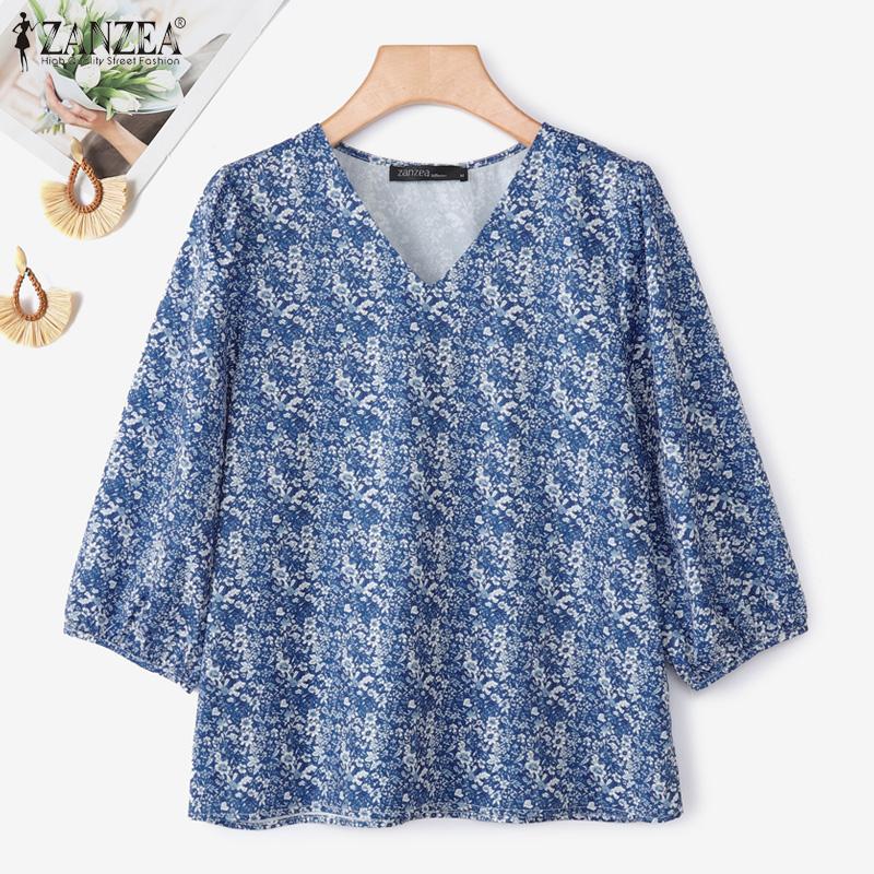 

ZANZEA Жіноча повсякденна блуза з V-подібним вирізом, рукавом 3/4, вільного крою з принтом S синій