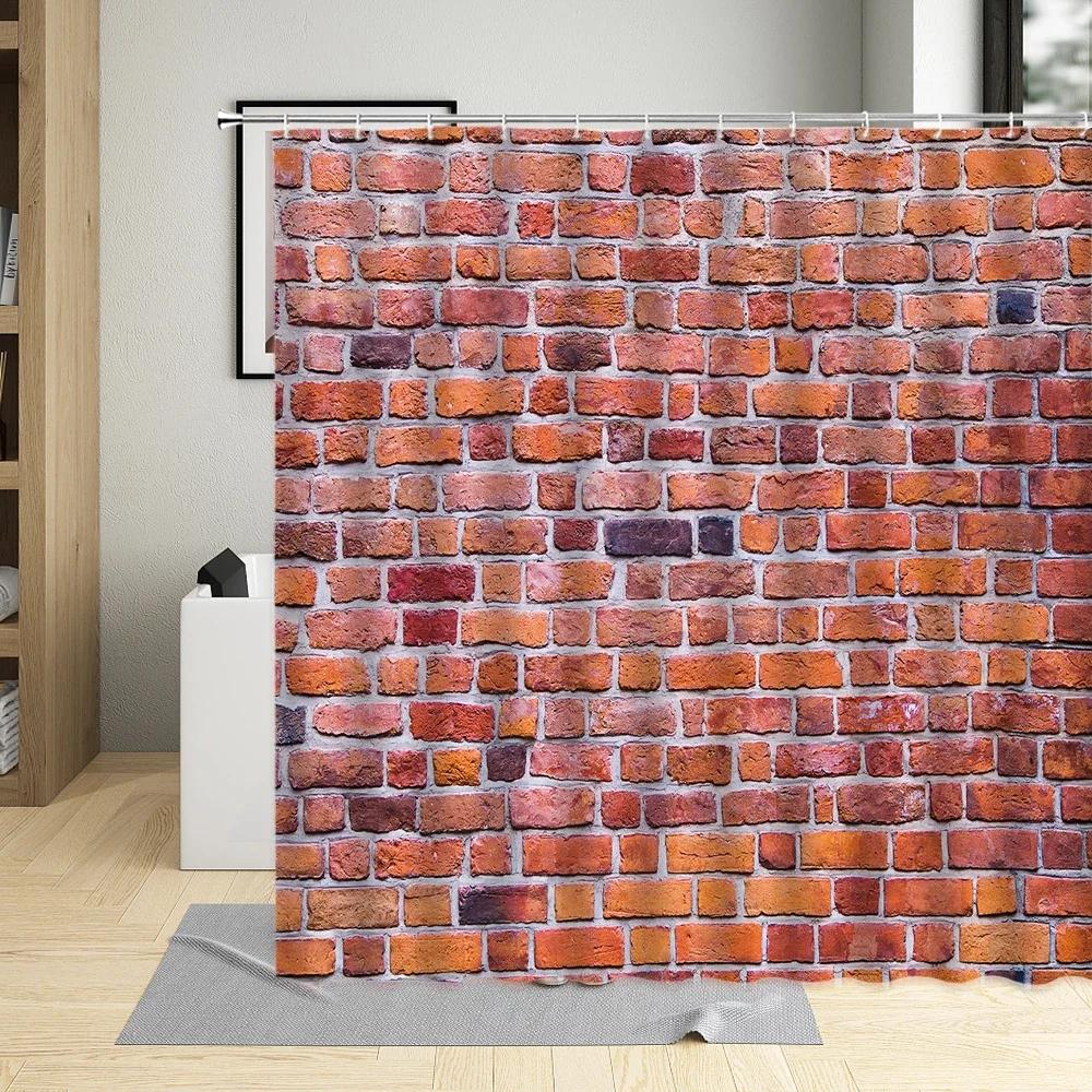 Stone Wall Brick Texture Shower Curtain Set Retro Geometric Red Gray White Bathroom Decor Bathtub Screen Curtains Polyester Hook