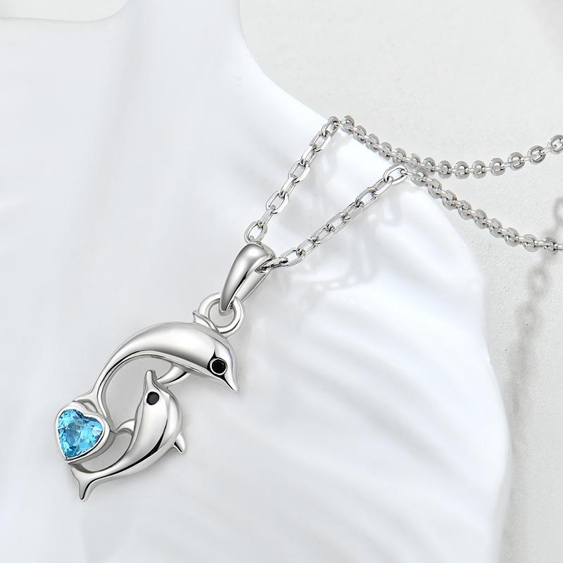 S925 Sterling Silver Vintage Twin Dolphin Heart Shaped Blue ZIRCON Charms Pendant Dainty Thin Chain Women Beach Vacation Gift