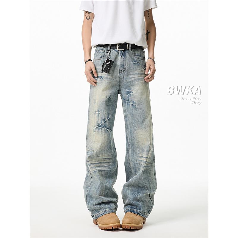 American high street washed cracked jeans men's and women's spring new retro old straight versatile casual pants
