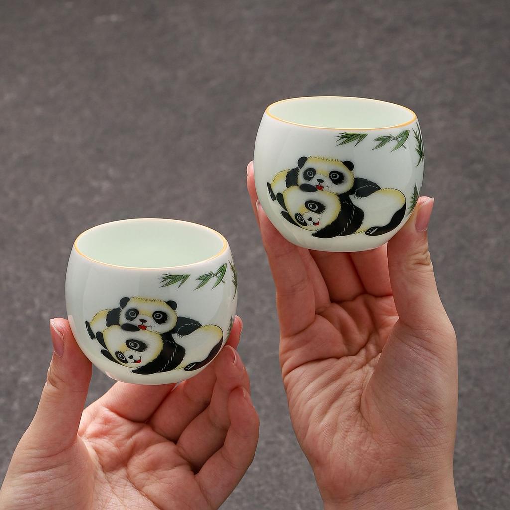 High-grade white porcelain cute teacup jadeite green panda kung fu teacup Jianzhan master cup large ceramic cup tea cup