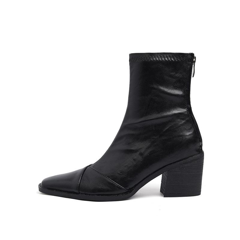 Cowhide version~ Korean version of genuine leather thick heel elastic thin boots women's 2025 new rear zipper small short boots