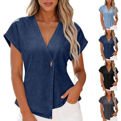 Womens Denim Shirts  Sleeve Button Tops V Neck Asymmetrical Jean Blouse