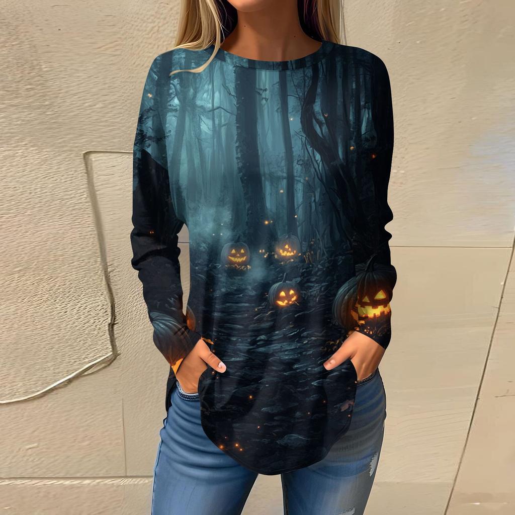 Women's Fashion Loose Round Neck Halloween Printed Long Sleeve T-Shirt Top Pullover