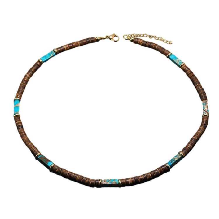 

Beautiful Necklace With Brown Coconut Shell And Natural Stone Beads Offering A Blend Of Ethnic And Modern Styles м ятний/синій
