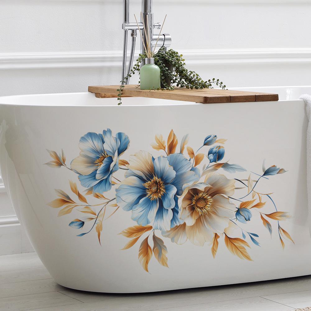 Painted Blue Flower Bathroom Bathroom Bathtub Home Beautification Wall Sticker