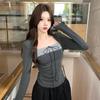 Original Stripe Fabric: Gray Fake Two-Piece Square Neck Long-Sleeve T-Shirt, Slim-Fit for Autumn/Winter