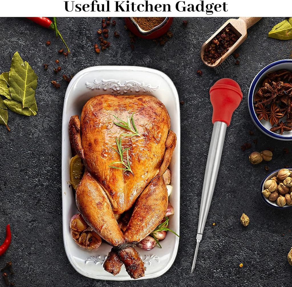 Truthahnspritze aus Edelstahl zum Kochen - Lebensmittelgeeignete Fleischspritze & Silikon-Saugkolben mit 2 abnehmbaren Nadeln