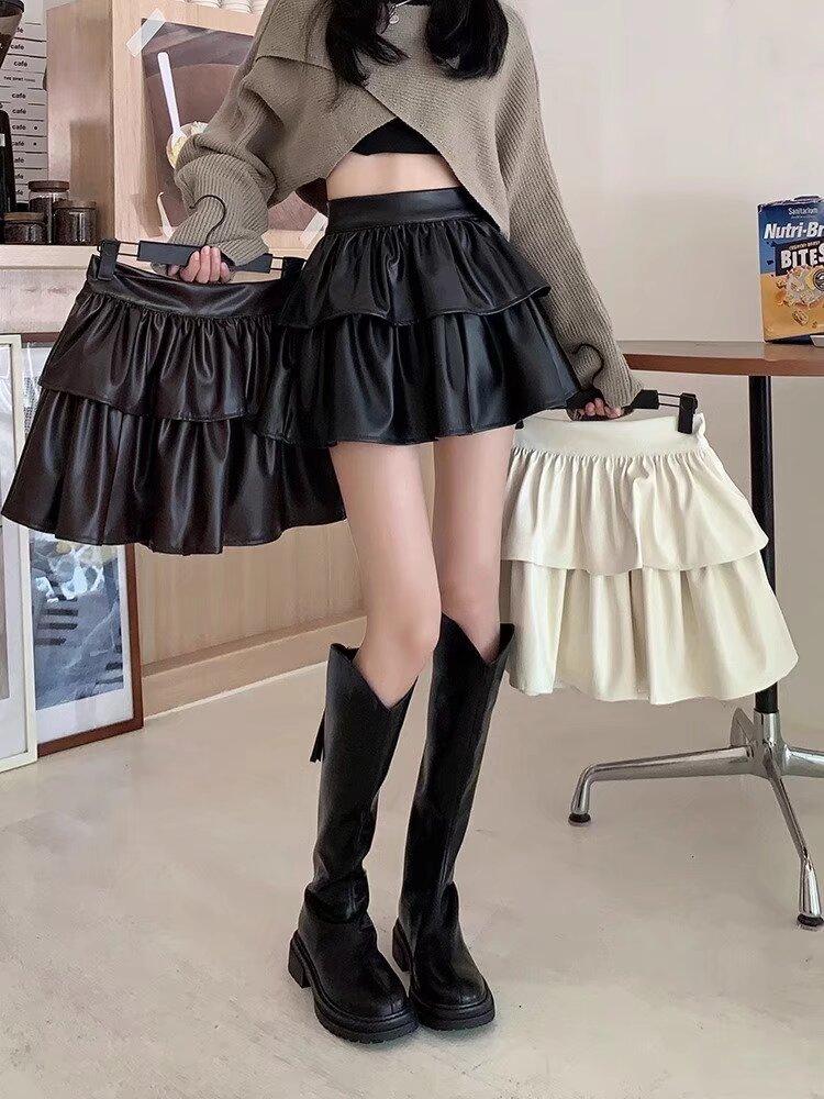 Solid Color High Waist Tutu Skirt PU Leather Skirt Women's Winter Versatile A-shaped Skirt Pleated Skirt Short Skirt