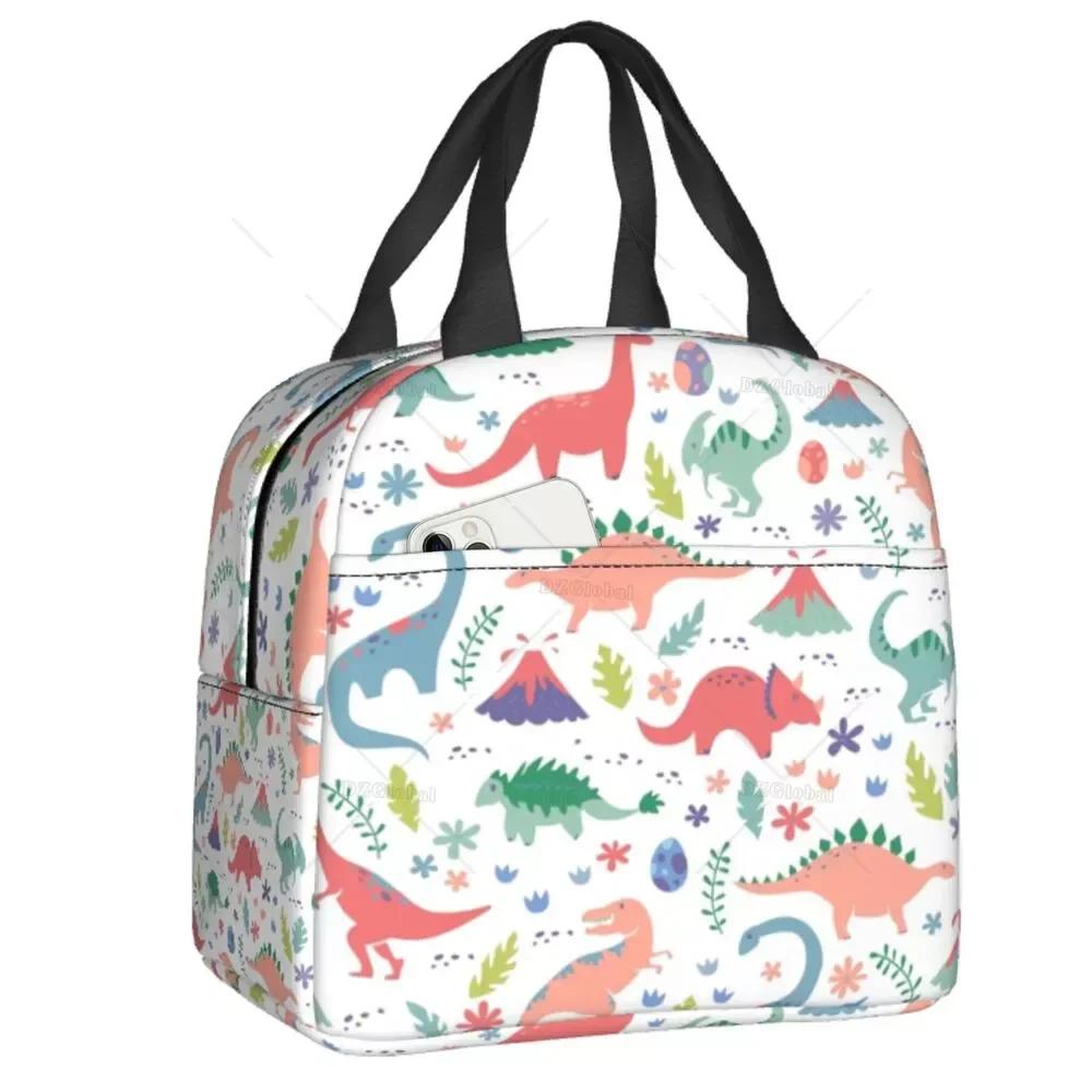 Cartoon Dinosaur Print Thermal Insulated Lunch Bag Women Portable Lunch Tote for Outdoor Camping Travel Multifunction Food Box