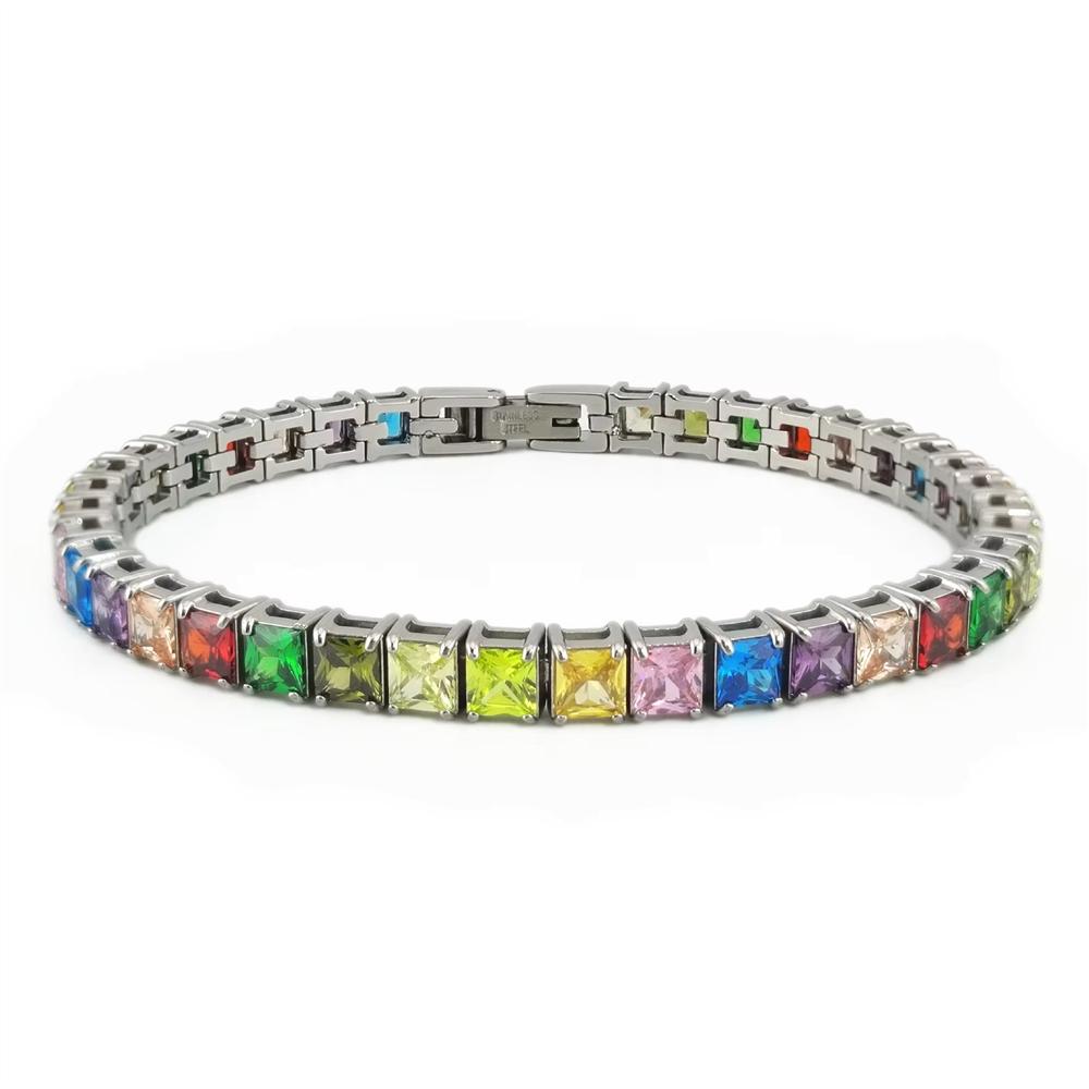 316L Stainless Steel Square Colorful CZ Tennis Bracelet Anti Tarnish Waterproof Rainbow Jewelry for Women