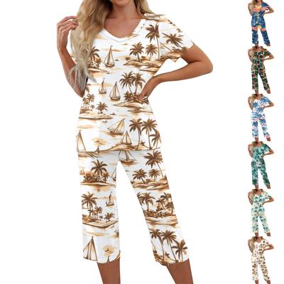 Ensembles 2 pièces pour femmes Haut à manches courtes et pantalon avec poches Entraînement Doux Ensembles imprimés
