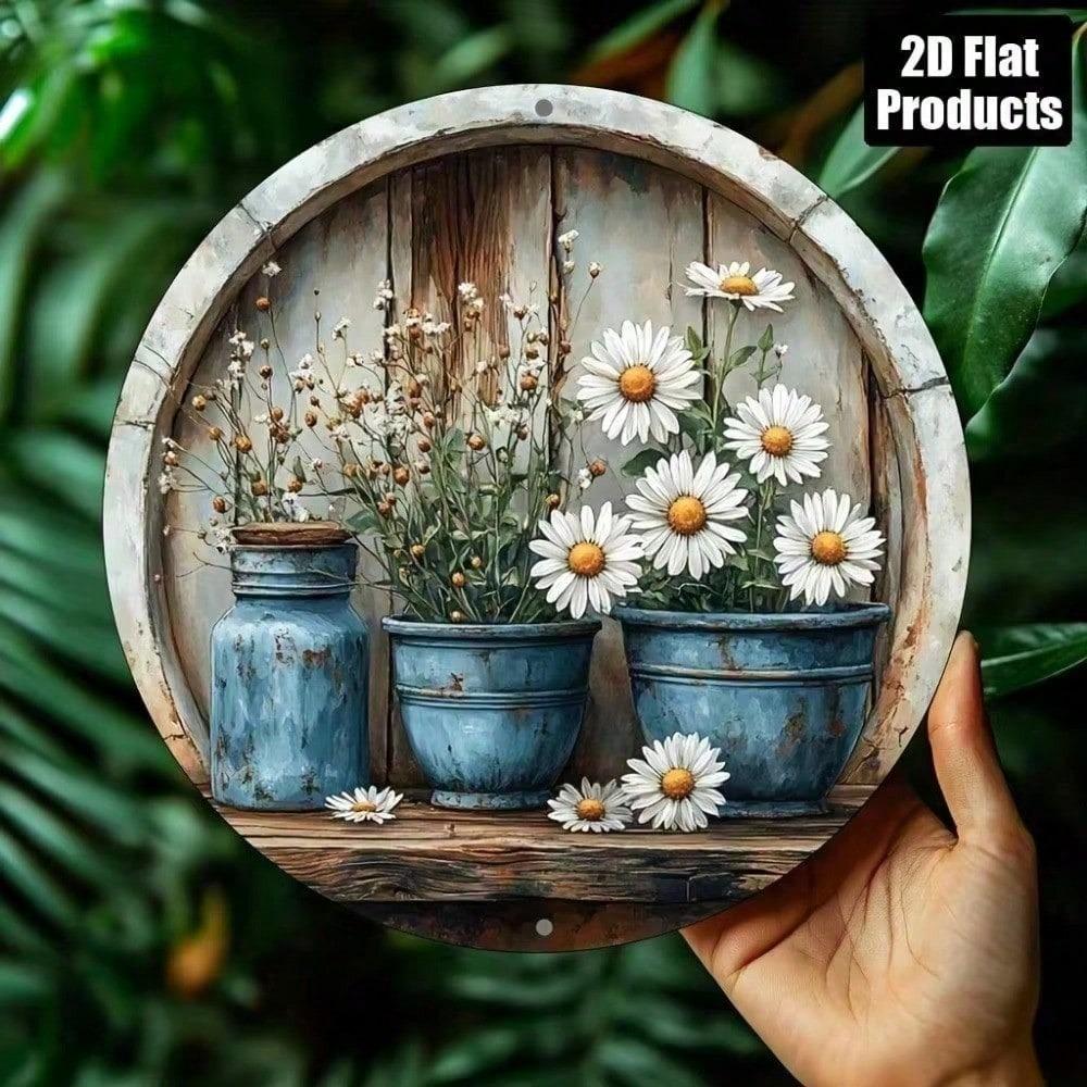 Vintage Blue Daisy Metal Wall Art Round Aluminum Sign Farmhouse Decor for Living Room Bedroom