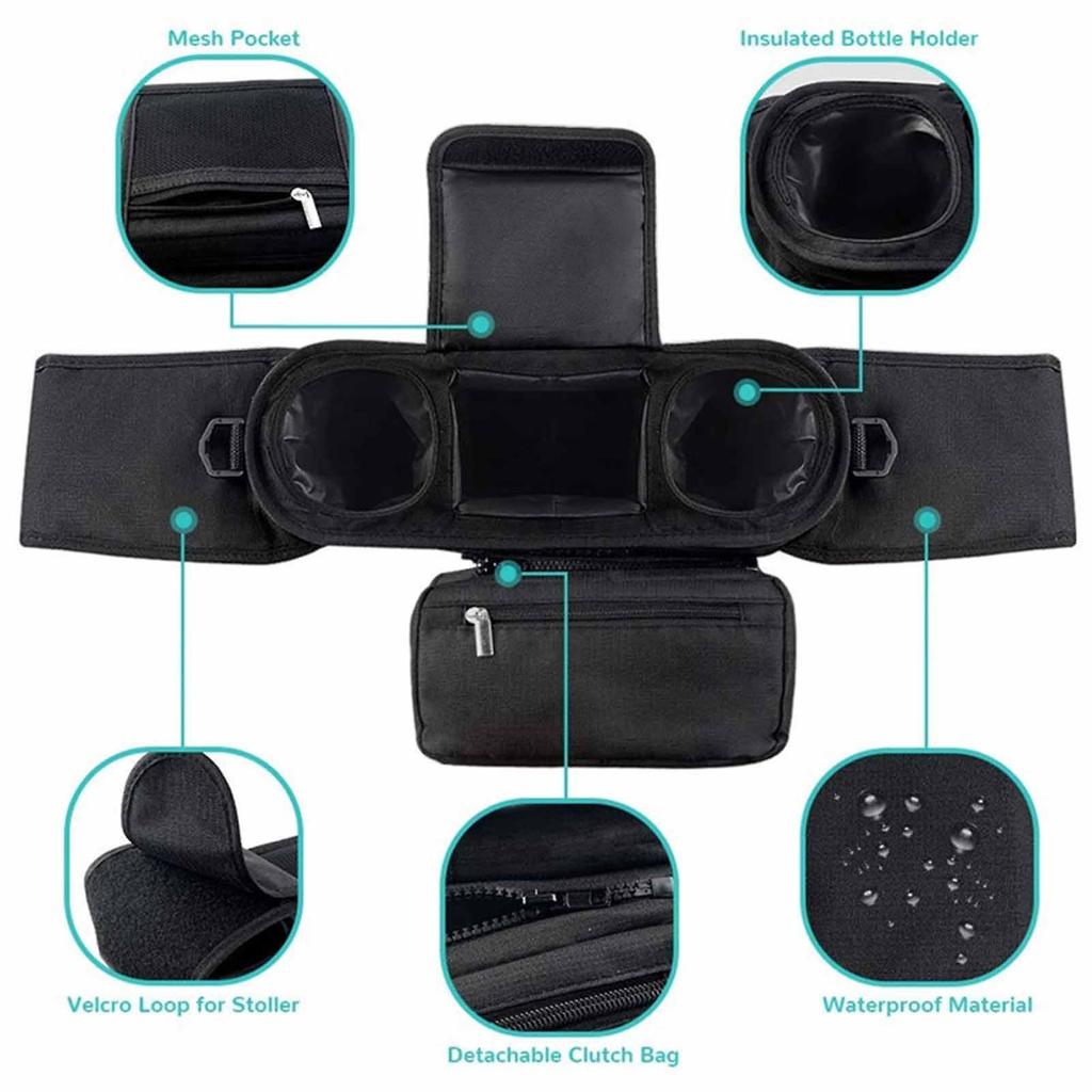 Universal Stroller Organizer  with Waterproof Insulated Cup Holder for Stroller like Uppababy Baby Jogger