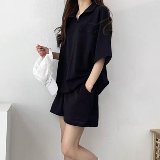 2 Pcs/Set Sweatshirt Shorts Set  Loose Solid Color Lapel Half Sleeves Pockets Elastic Waist Zipper Collar Breathable Soft Summer Tracksuit