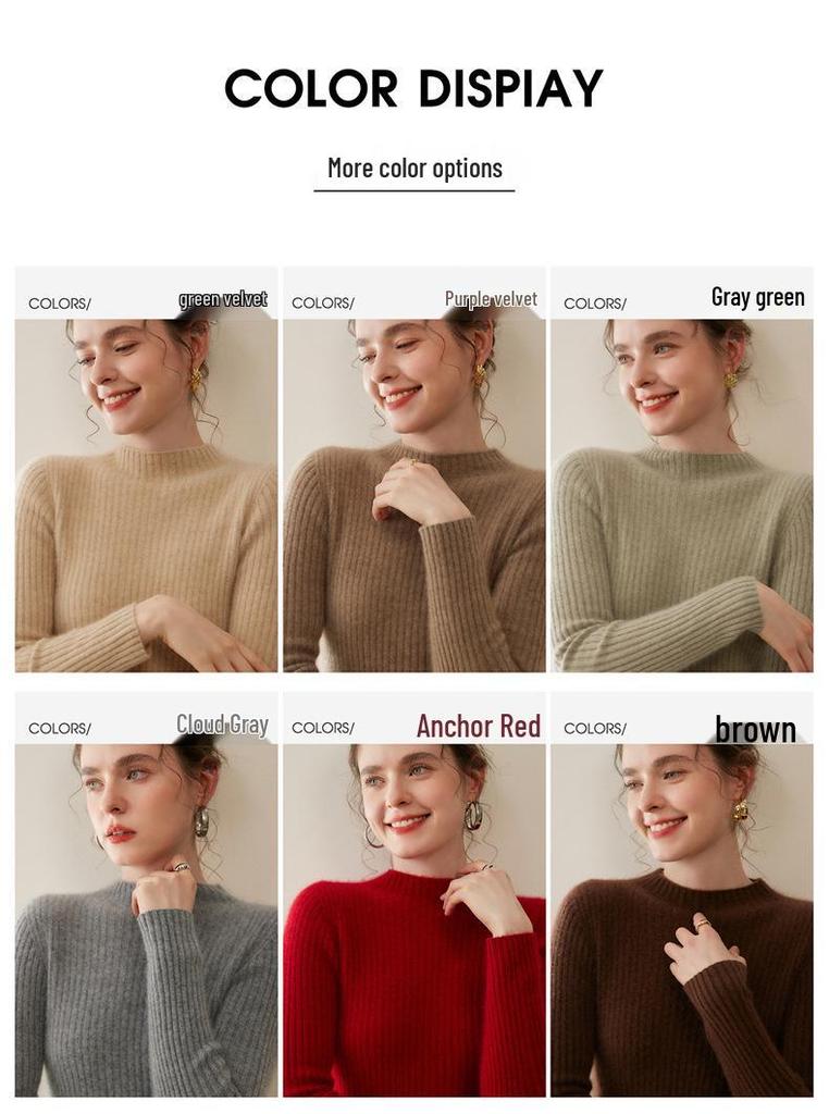 Women's Cashmere Half-Turtleneck Slim Pullover - Warm, Ribbed, and Perfect for Layering