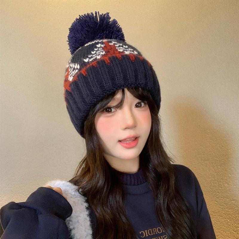 Versatile Knitted Hat Fur Ball To Keep Warm and Cold Proof Ear Protecting Head Covering Hat Women's Loose Small Woolen Hat Showing Face