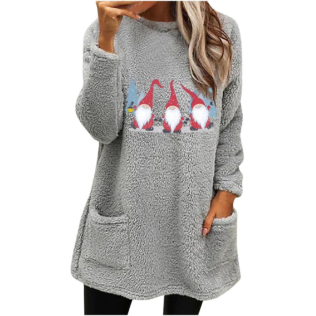 European & American Women's Christmas Gnome Print Plush Hoodie - Round Neck, Loose Fit, Long Sleeve, with Pockets