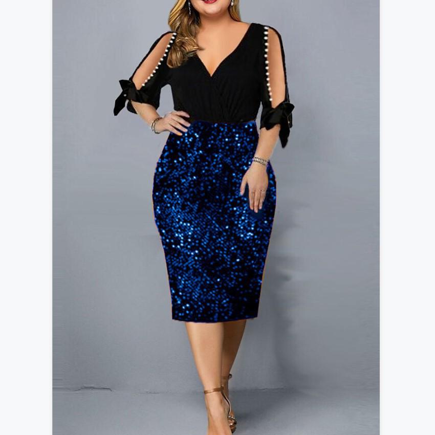 European & American V-Neck Sequin Plus Size Dress: Stylish & Unique Design