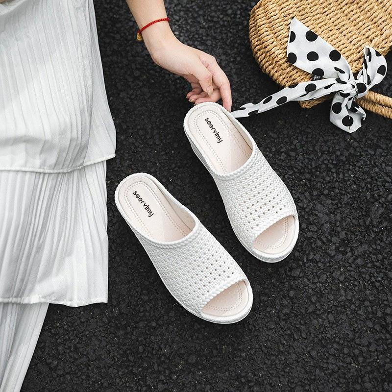 Cool Slippers for Women In Summer, Sloping Heels, Thick Soles, Fashionable Outdoor Beach Shoes, Mesh Hollowed Out Women's Slippers