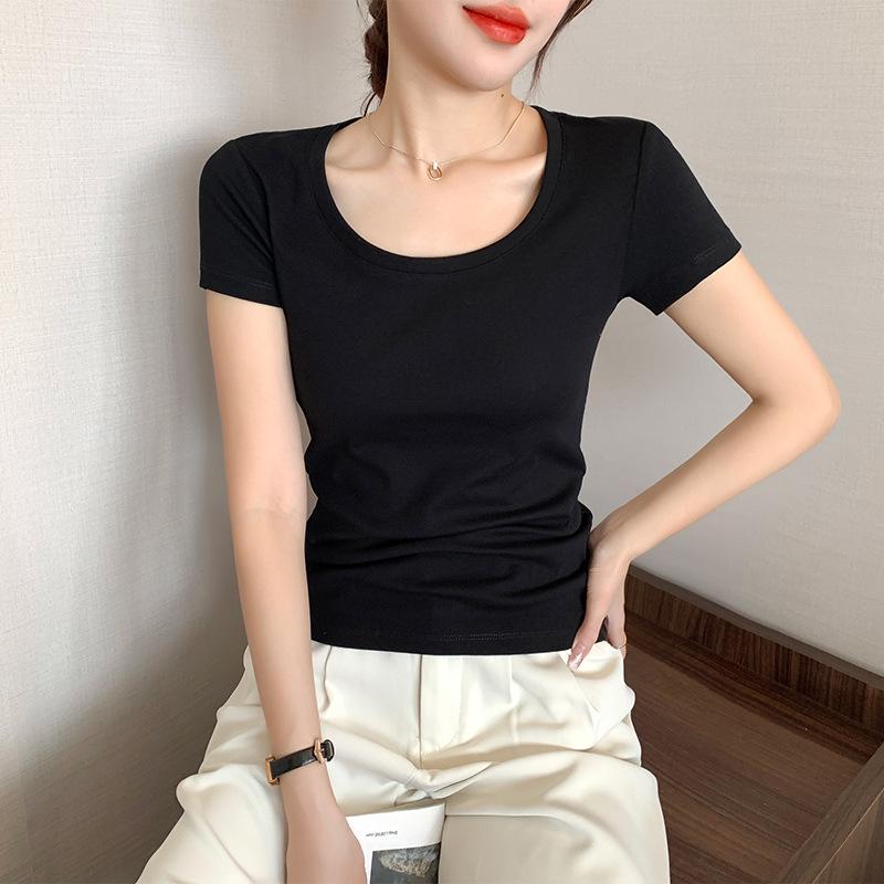 

Women s Pure Cotton Slimming Round Neck T-Shirt - Short Sleeve, Spring/Summer Versatile Top S [Recommended under 85 jin]